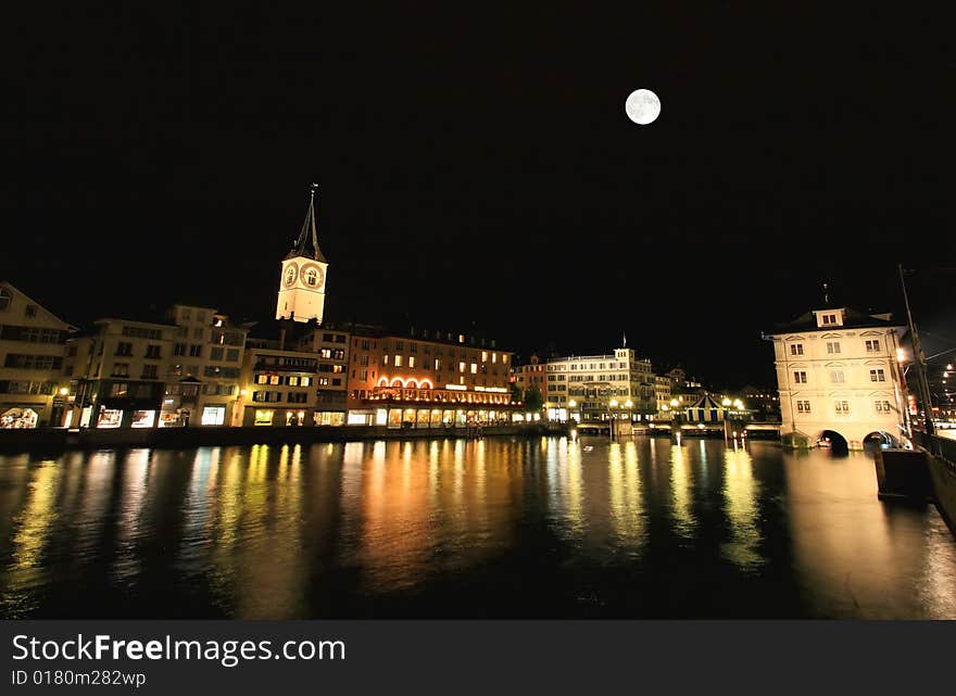 The night view of major landmarks in Zurich