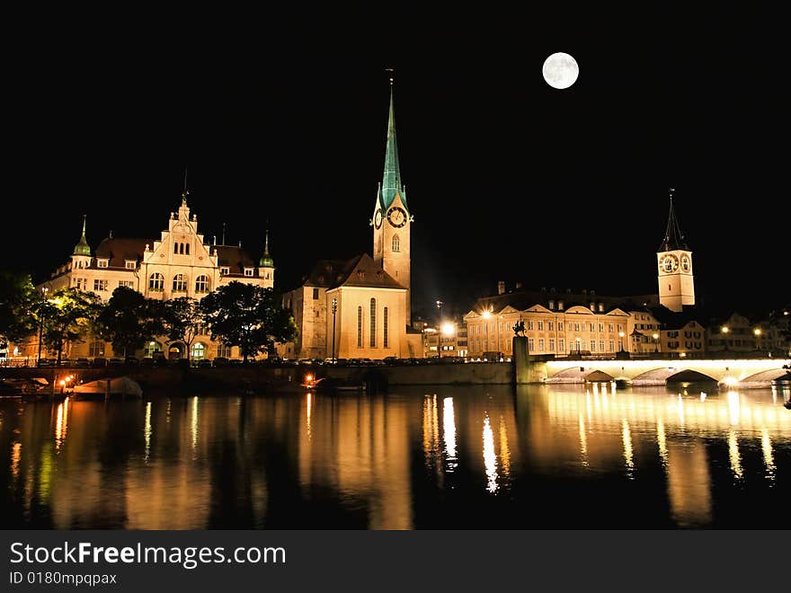 The night view of major landmarks in Zurich Switzerland