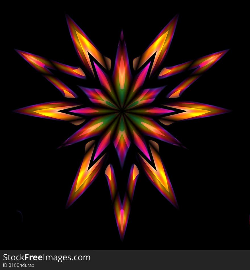 An abstract illustrated star done in shades of green, yellow orange, and purple on a black background. An abstract illustrated star done in shades of green, yellow orange, and purple on a black background.