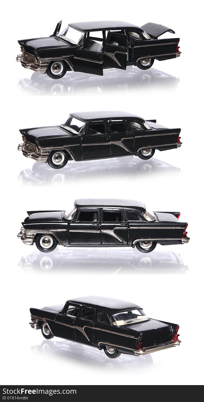 Four isolated toy cars with reflections