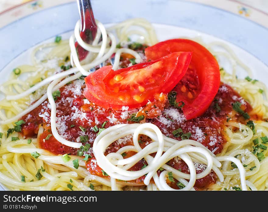 Spaghetti and tomato sauce,close up