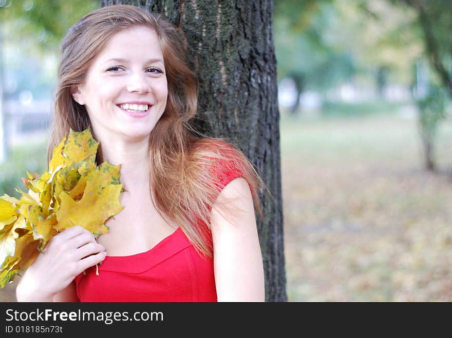 Young happy beautiful woman in red with yellow maple leaves. Young happy beautiful woman in red with yellow maple leaves