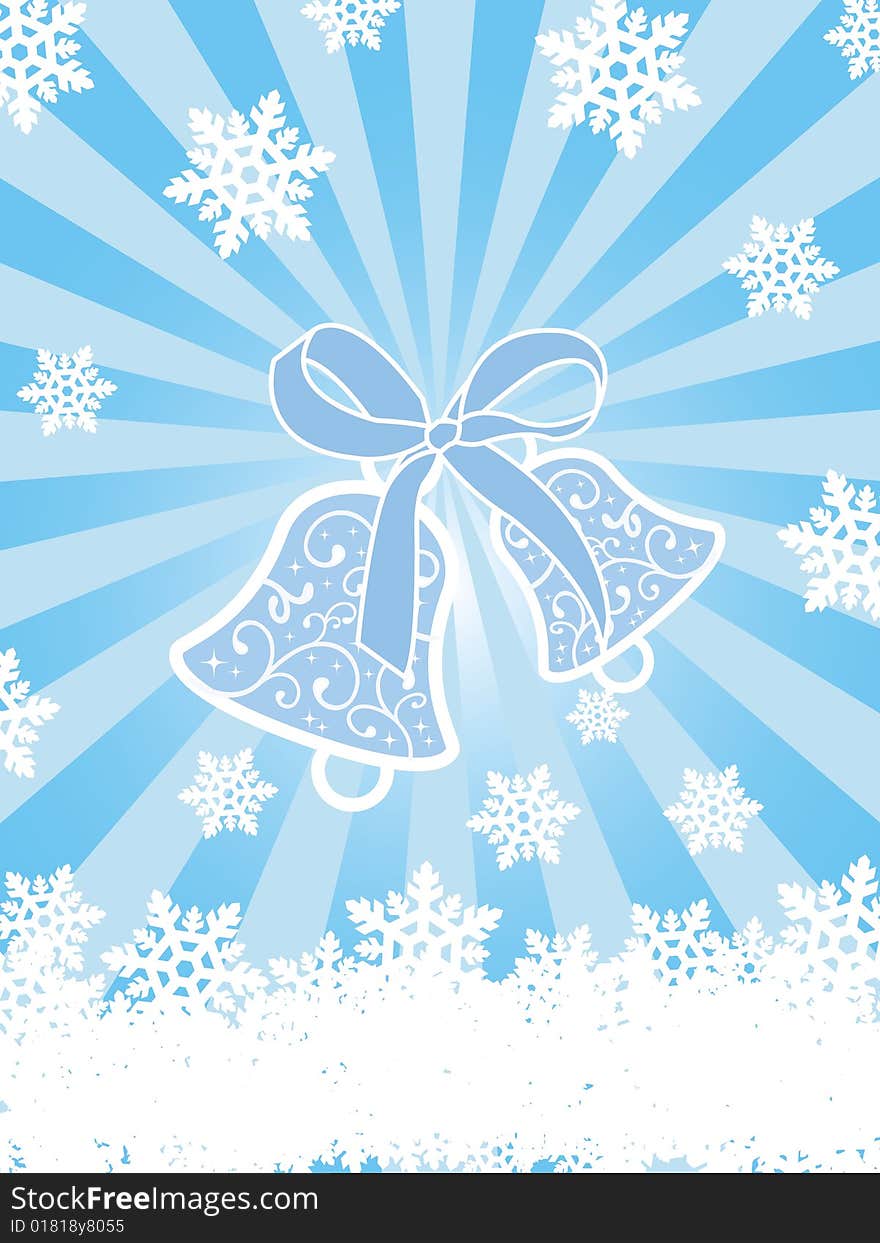 Christmas card with bells and snowflakes on blue background with rays