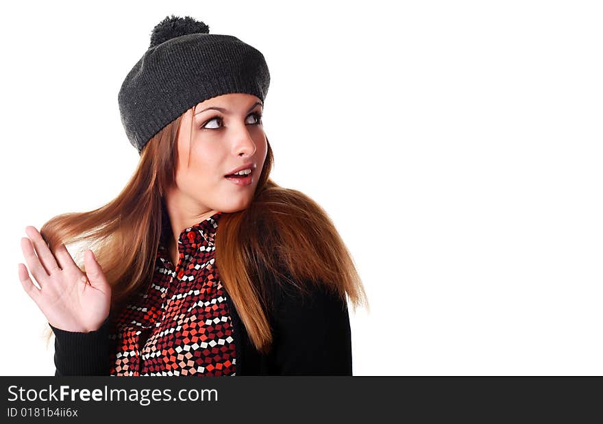 Portrait of beautiful young in beret and jacket. Portrait of beautiful young in beret and jacket