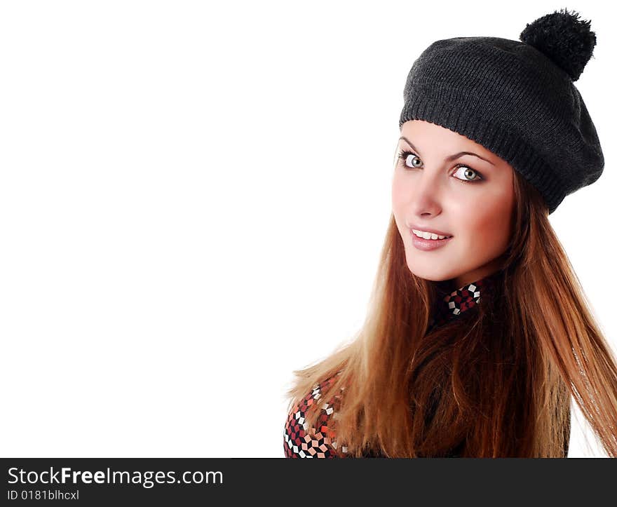 Portrait of beautiful young in beret and jacket. Portrait of beautiful young in beret and jacket