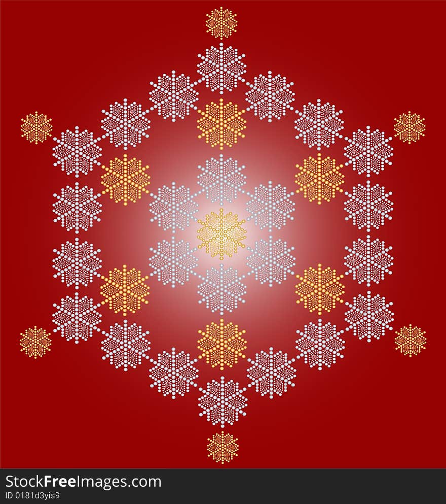 Contemporary christmas card made entirely of dots, giant  snowflake on red. Contemporary christmas card made entirely of dots, giant  snowflake on red