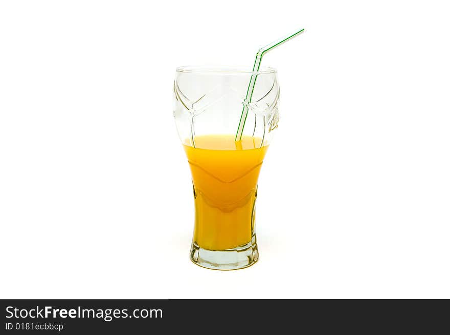 Glass of orange juice on white