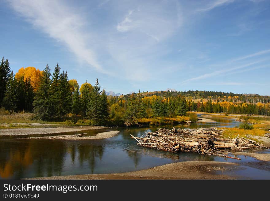 Snake river in the Fall with blue sky