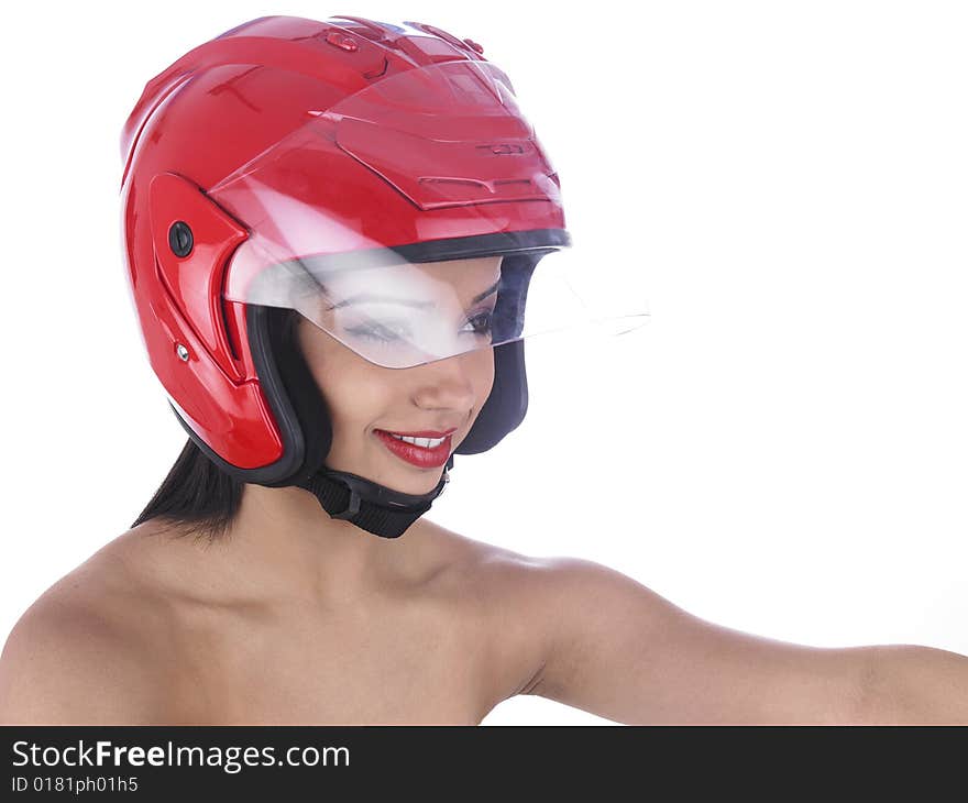 A sexy asian biker girl with a red helmet