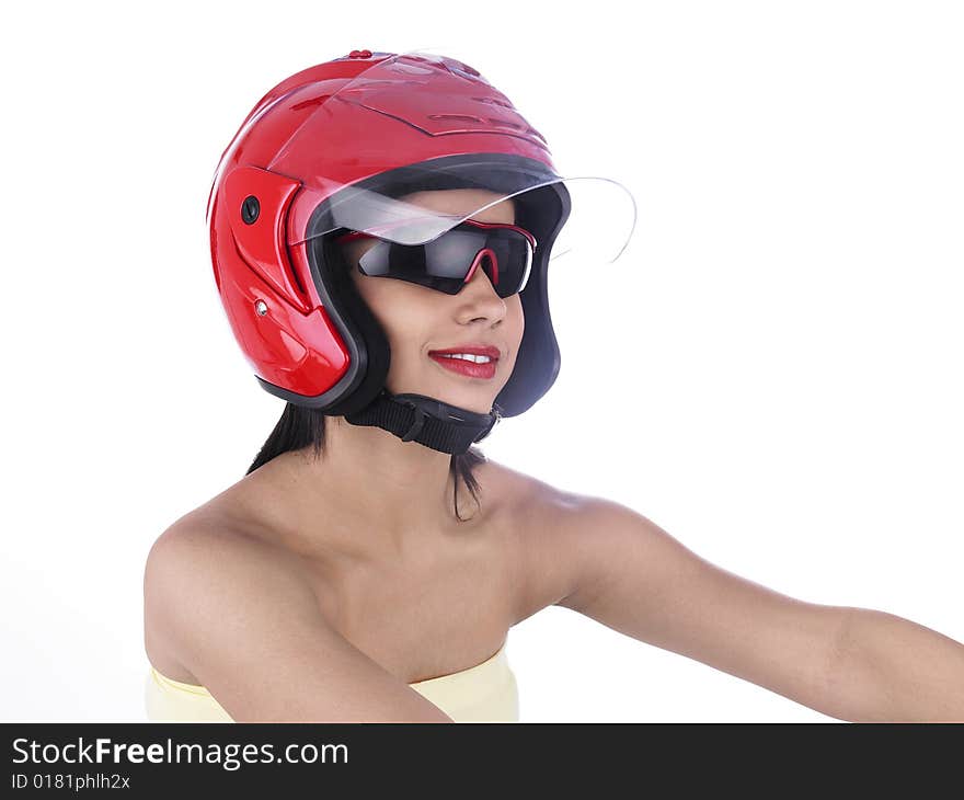 A beautiful asian biker girl with a red helmet