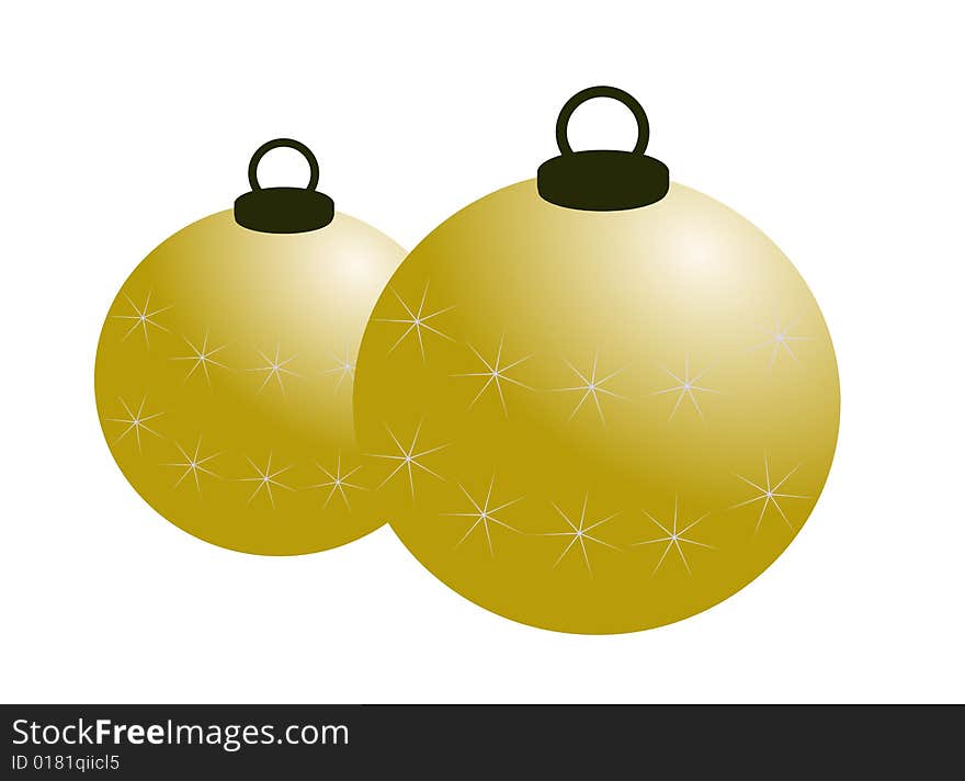 Two golden and decorated Christmas balls. Two golden and decorated Christmas balls