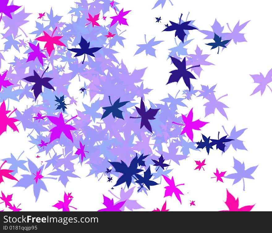 Pink and blue leaves with leaves' shadows behind on a white background. Coloured picture. Digital drawing. Pink and blue leaves with leaves' shadows behind on a white background. Coloured picture. Digital drawing.