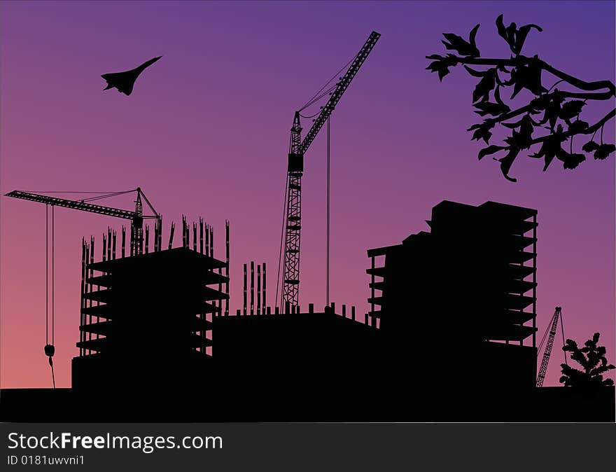 Illustration with house building and cranes. Illustration with house building and cranes