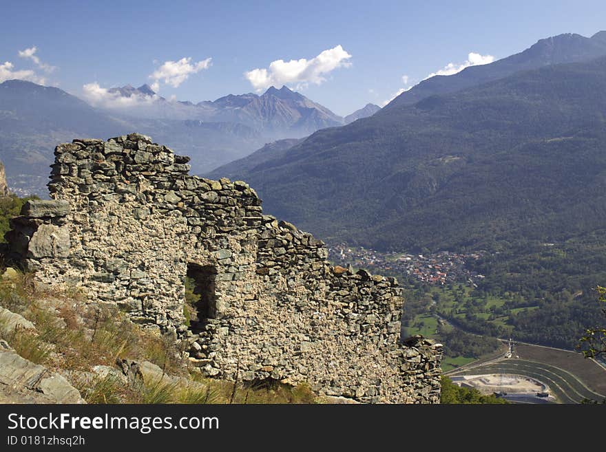 Ruins of walls of medieval castle in Italy, Aosta region, horizontal. Ruins of walls of medieval castle in Italy, Aosta region, horizontal