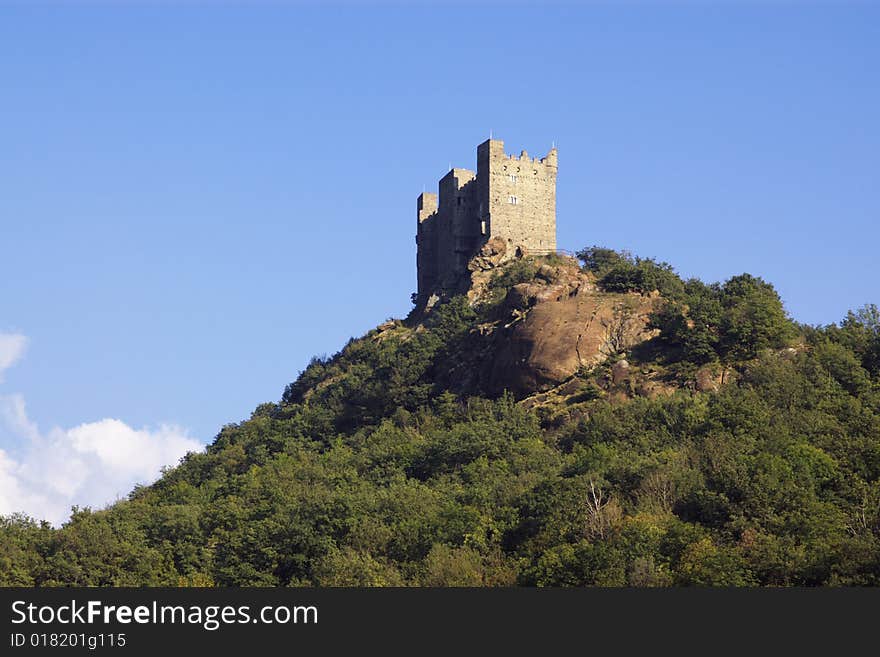 Medieval castle on hill in Italy, Aosta region, horizontal. Medieval castle on hill in Italy, Aosta region, horizontal