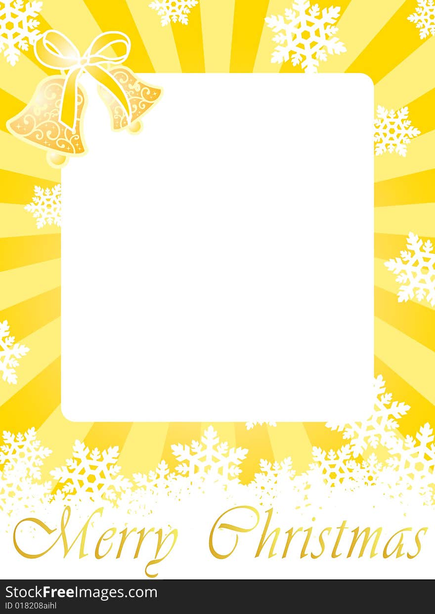 Gold christmas frame card with bells & snowflakes