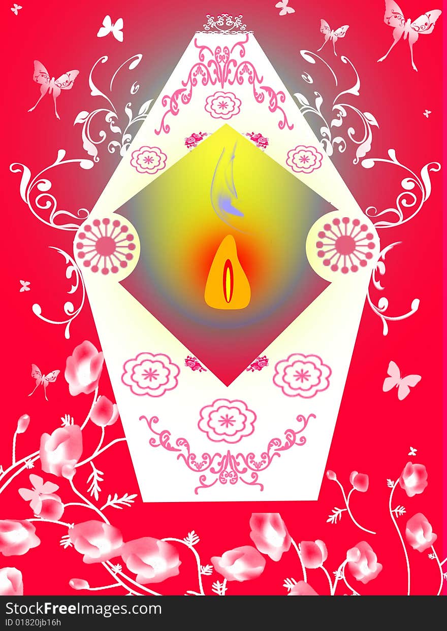 Illustration of the lantern with flowers on the red background