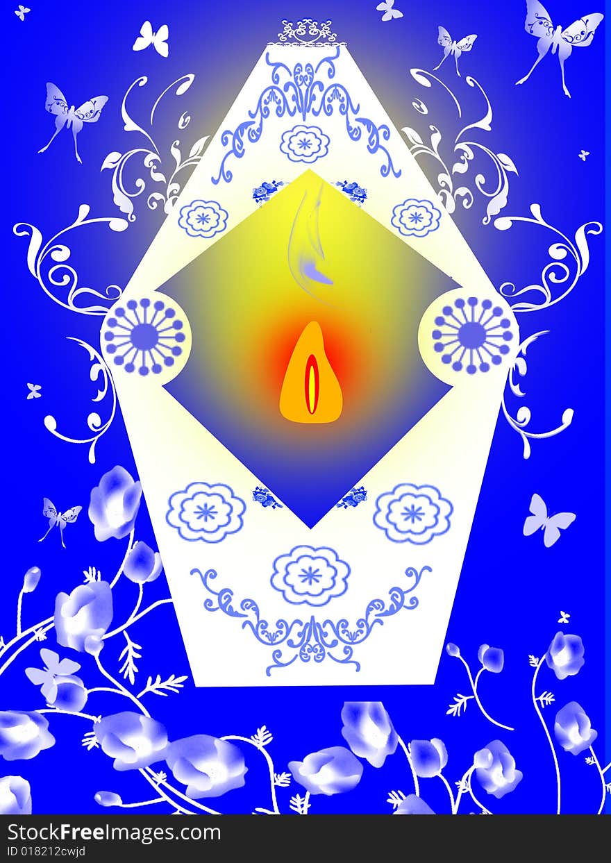 Illustration of the lantern with flowers on the blue background