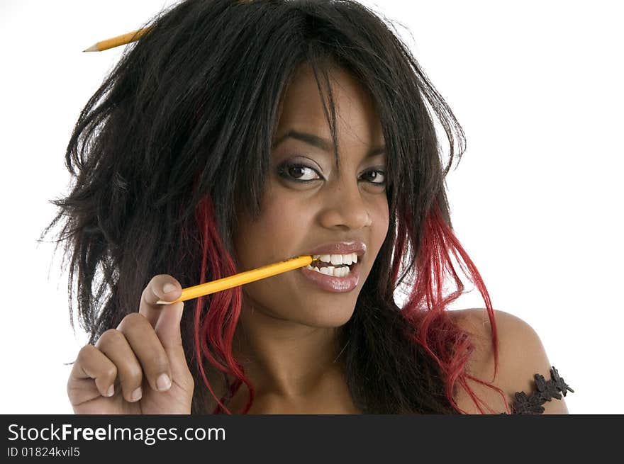 Portrait of girl with pencil on an isolated white background