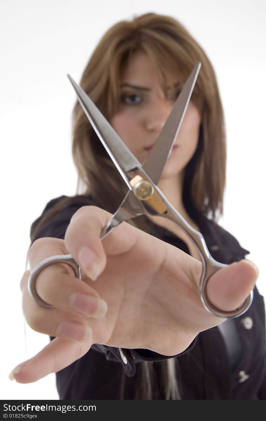 Female showing scissor on an isolated white background