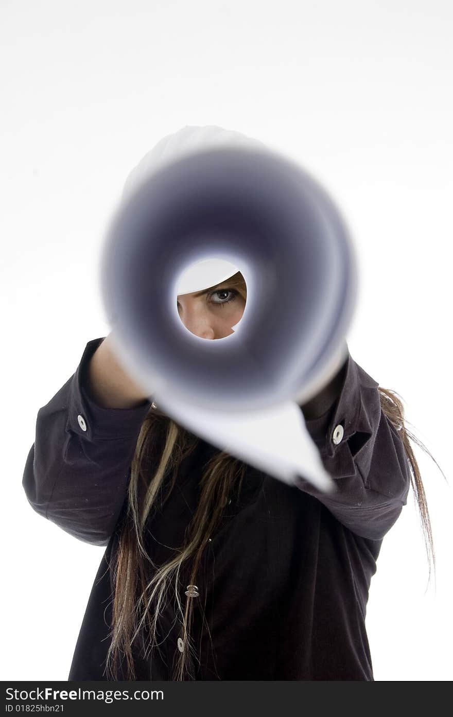 Girl looking into chart on an isolated background