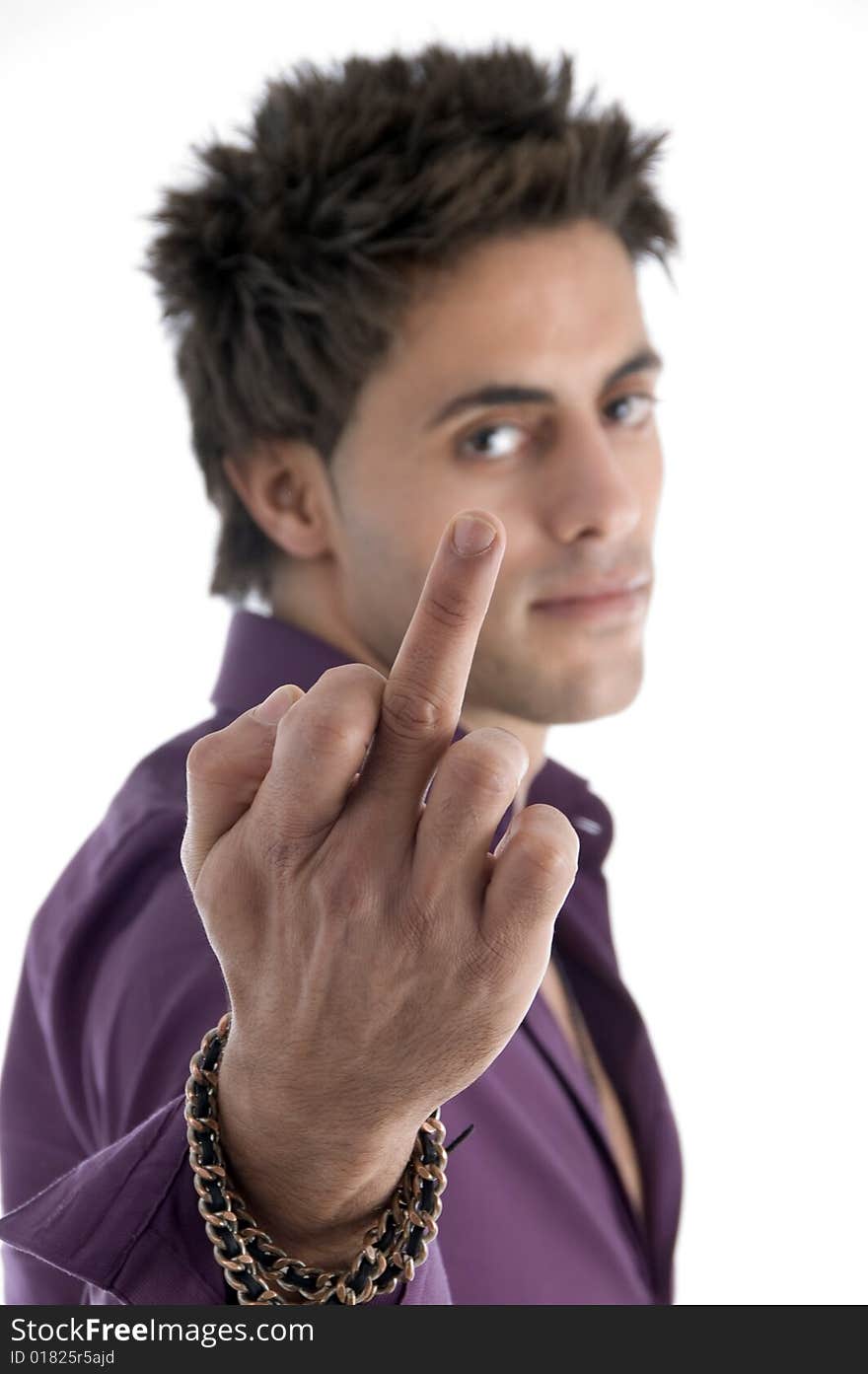 Man showing vulgar hand gesture