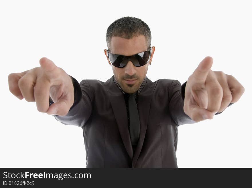 Indicating businessman with sunglasses on an isolated white background