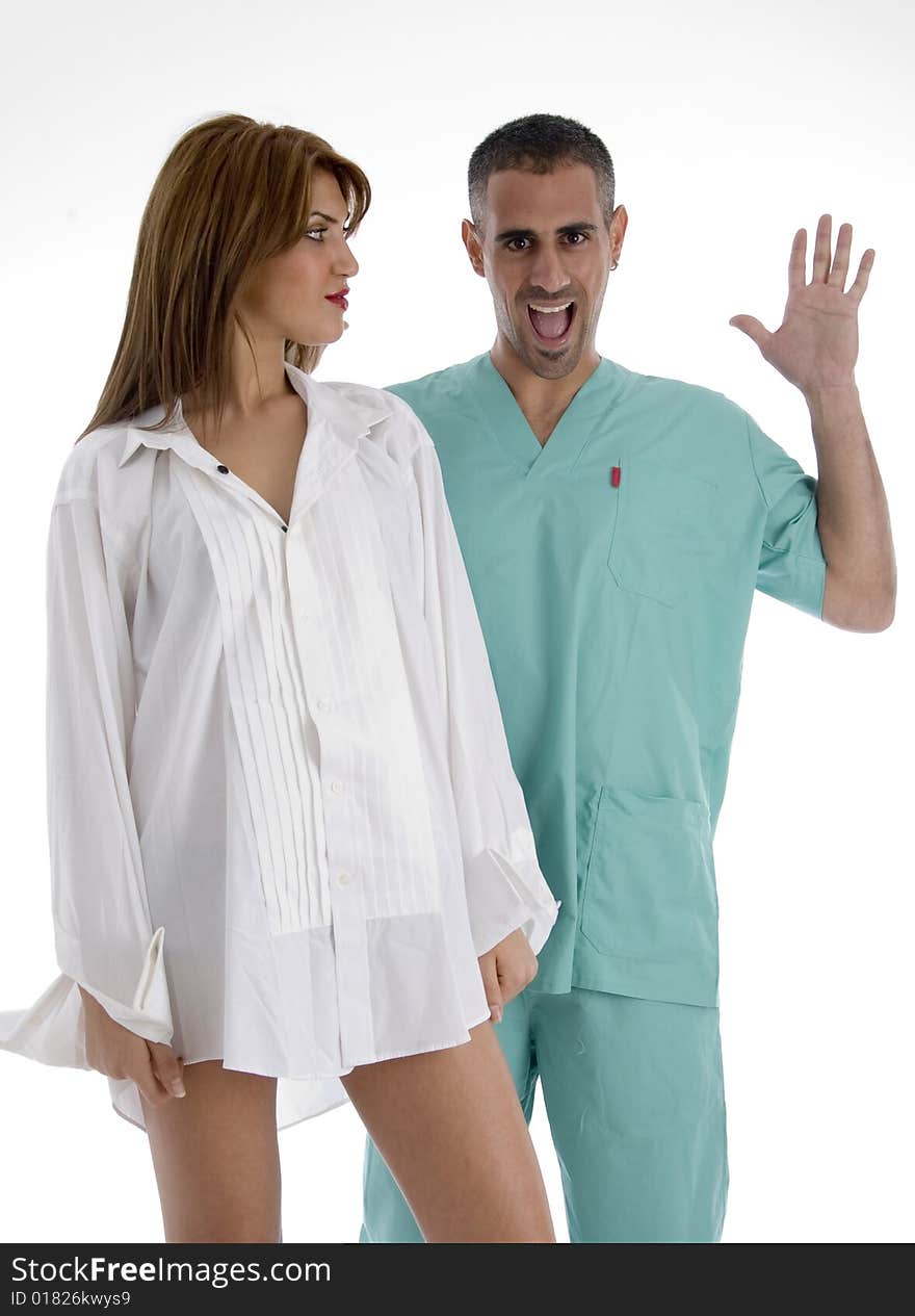 Young doctor and patient on an isolated white background