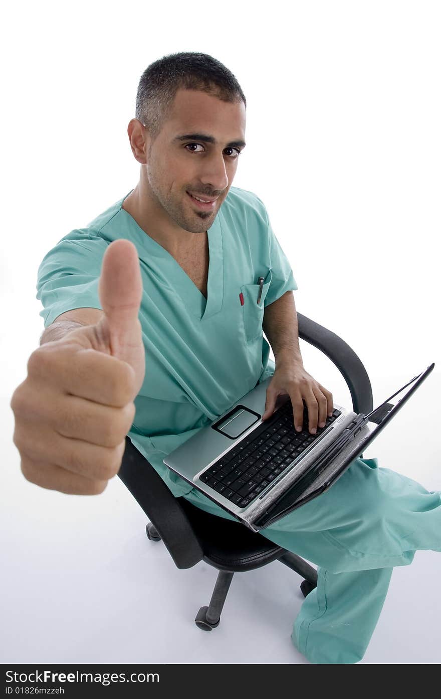 American doctor with notebook against white background