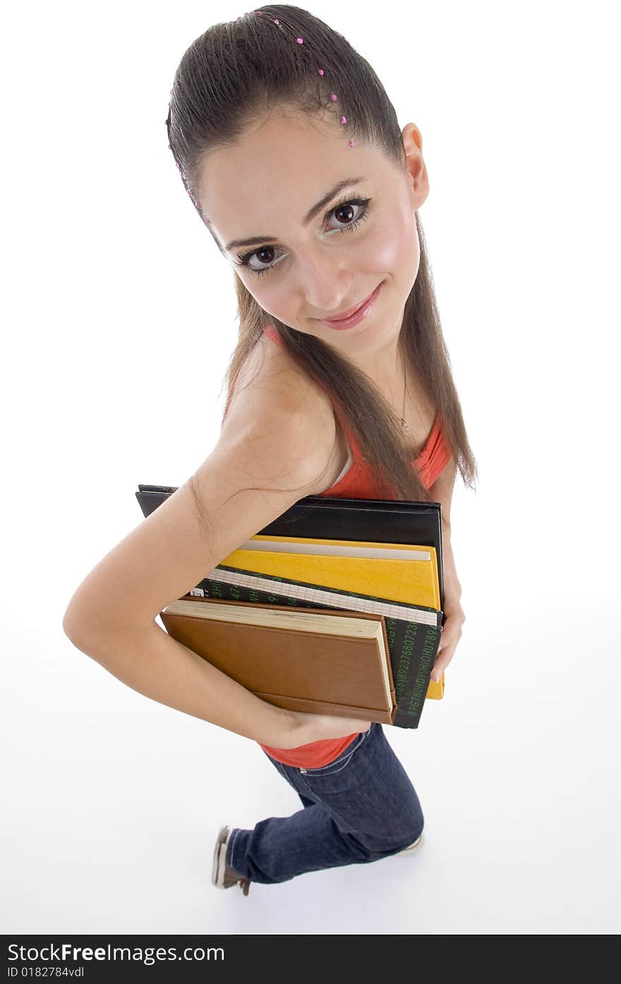 Young girl with books with white background