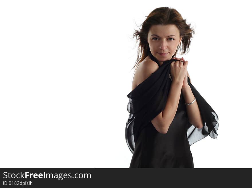 Girl in black dress with scarf isolated on white background