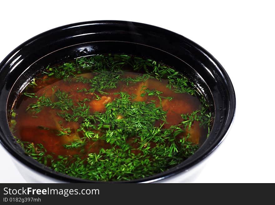 Japanese Soup in Black Dish. Isolated on White Background. Japanese Soup in Black Dish. Isolated on White Background