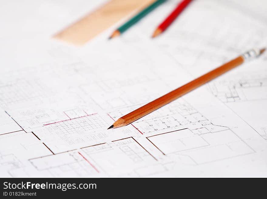 Architectural plan with pencils and ruler. Close-up.