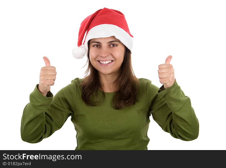 Young santa woman celebrating christmas with thumbs up. isolated on white background. landscape orientation. Young santa woman celebrating christmas with thumbs up. isolated on white background. landscape orientation.