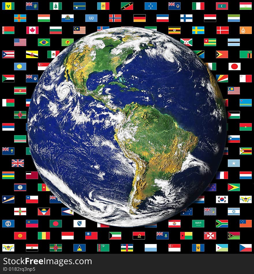 Western hemisphere on a black background with world flags. Western hemisphere on a black background with world flags