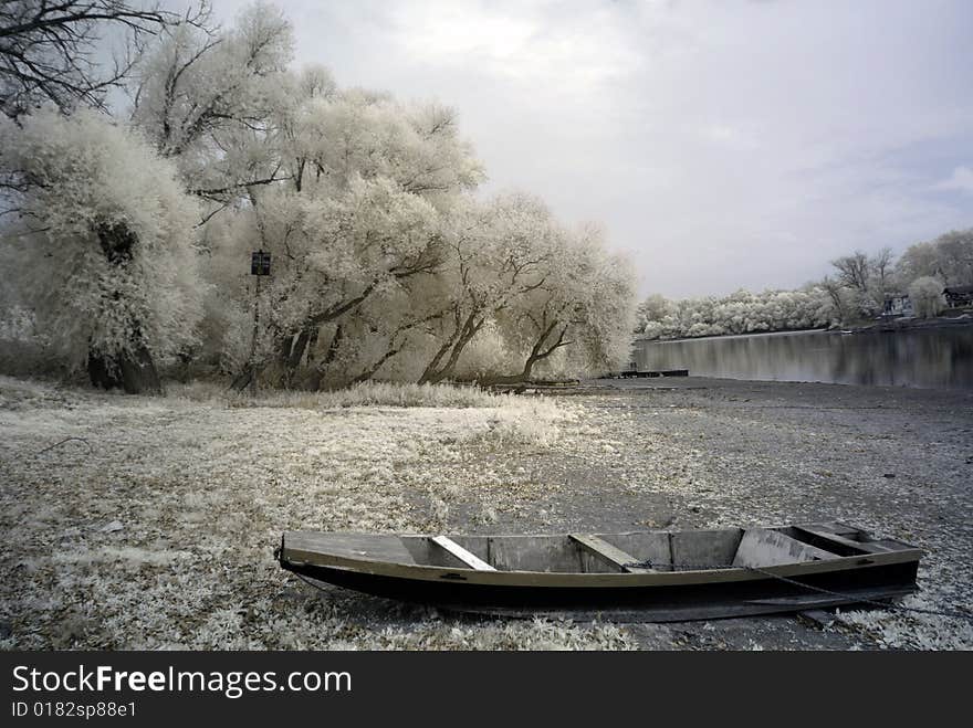 Duotone infrared river shore