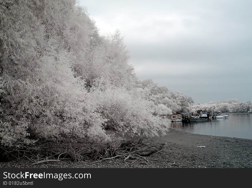 Duotone infrared river and reflects - natural grainy picture. Duotone infrared river and reflects - natural grainy picture