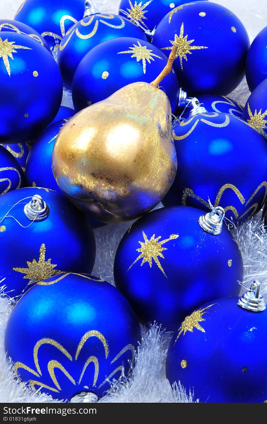 Blue Ornaments With Golden Pear