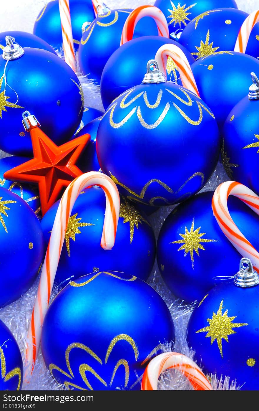 Blue Ornaments with Red Star and Candy