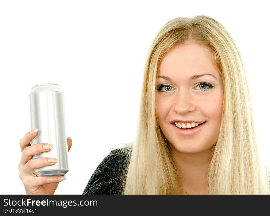 Young woman with tin can over white background. Young woman with tin can over white background