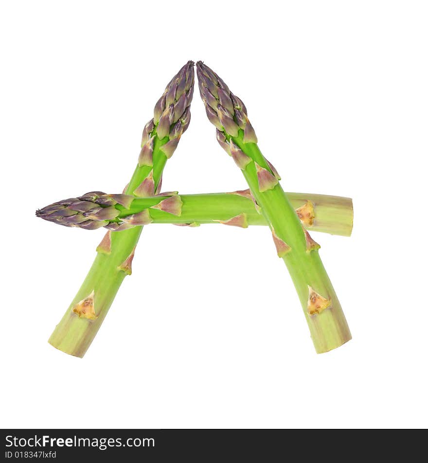 Asparagus spears in the shape of the letter a, over white background. Asparagus spears in the shape of the letter a, over white background.