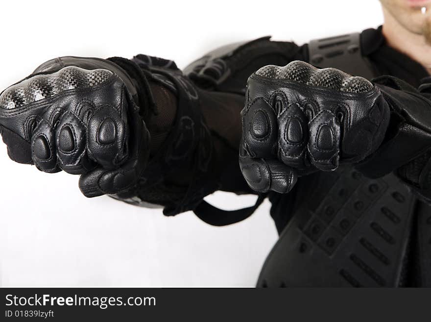 Protective glove of biker isolated white