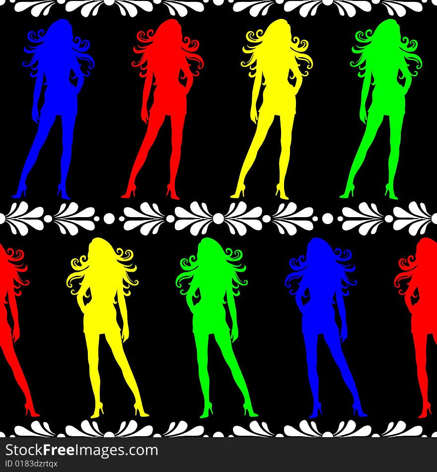 Seamless wallpaper tile women in high heel shoes. Colors blue red yellow green white black. Seamless wallpaper tile women in high heel shoes. Colors blue red yellow green white black.