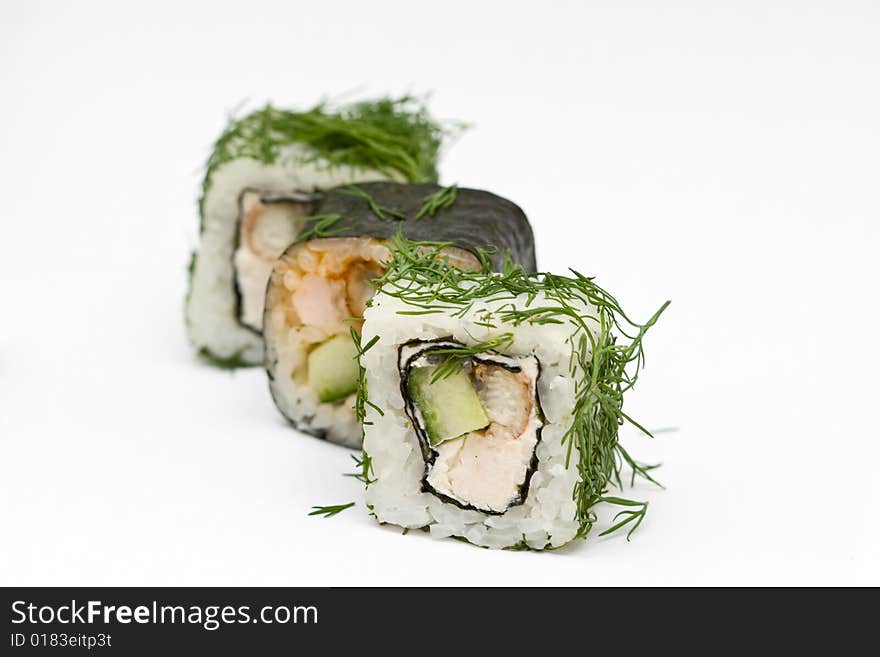 A set of japanese rolls on neutral background