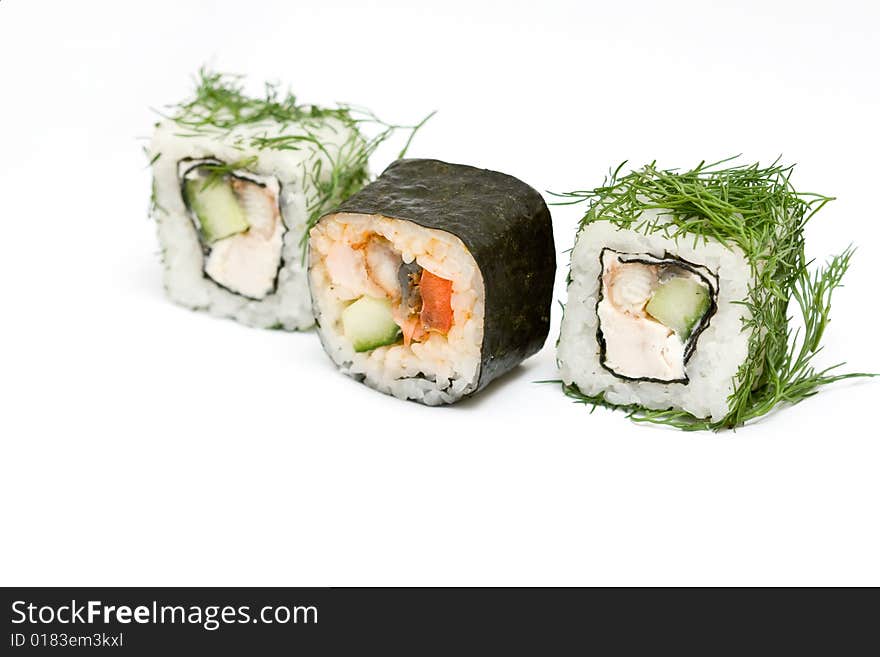 A set of japanese rolls on neutral background