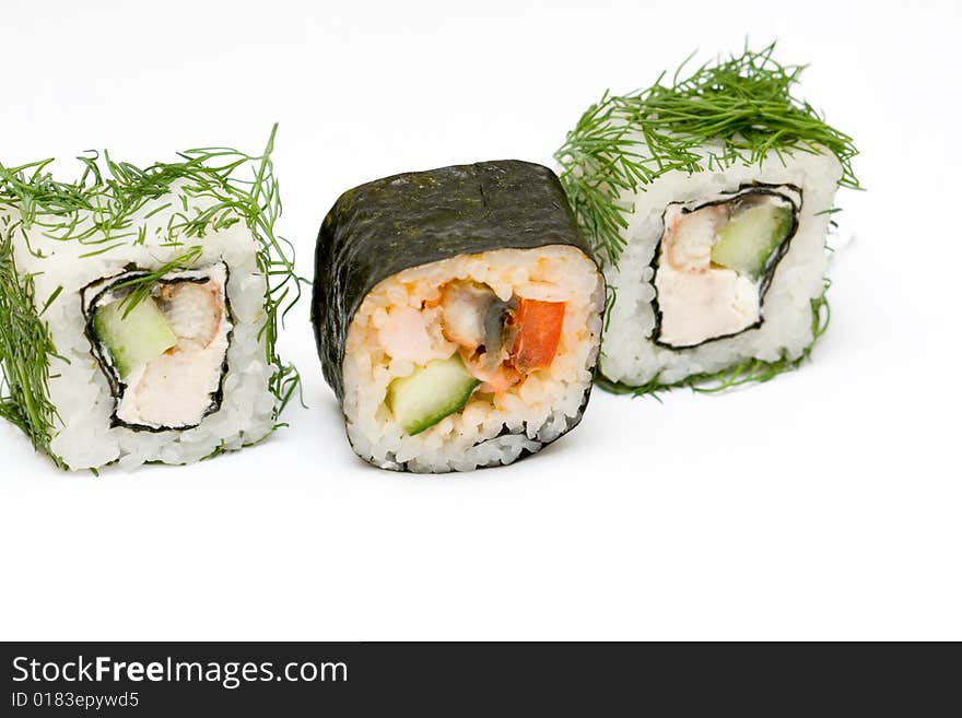 A set of japanese rolls on neutral background