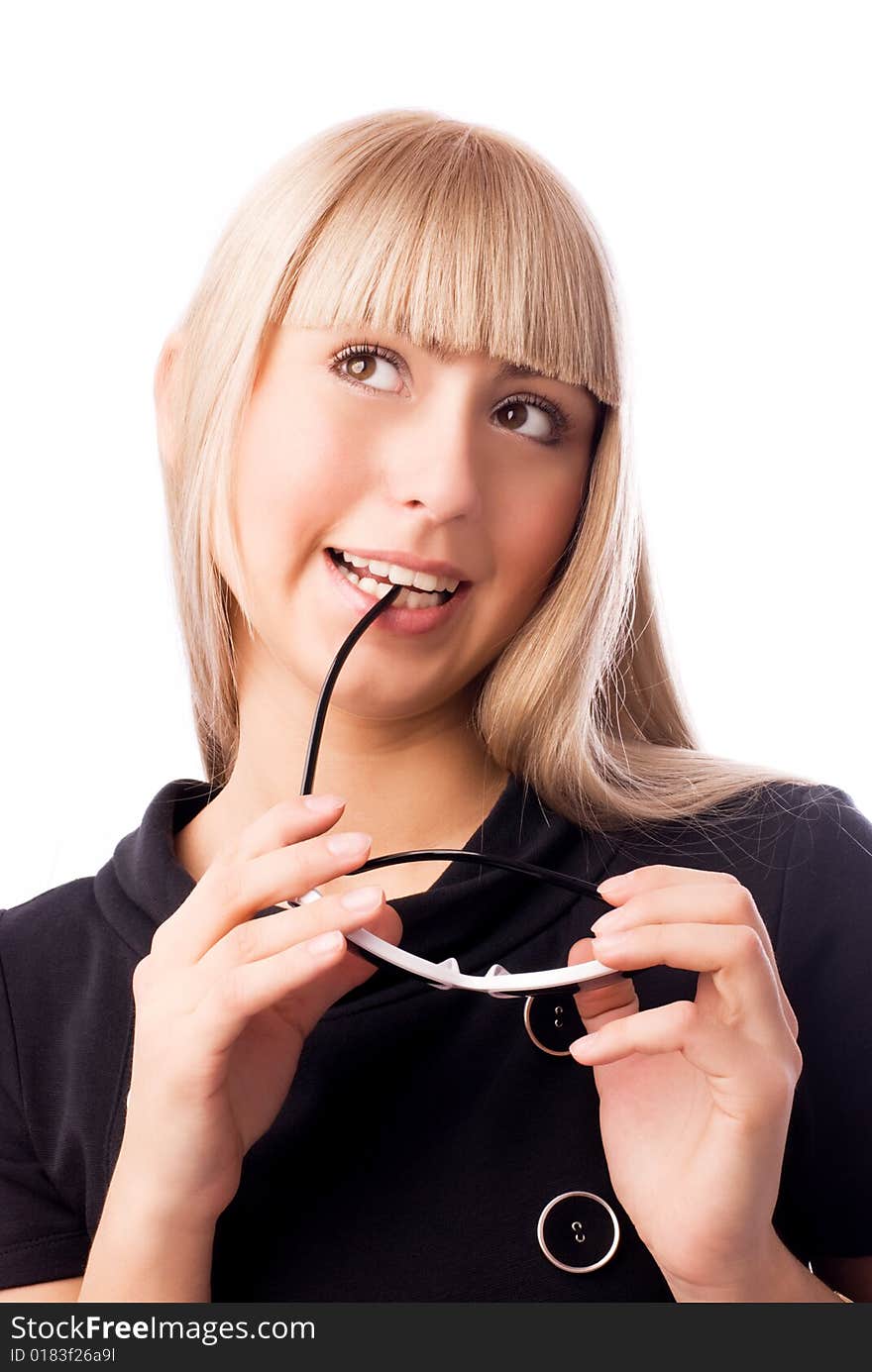 Beautiful thoughtful businesswoman isolated against white background