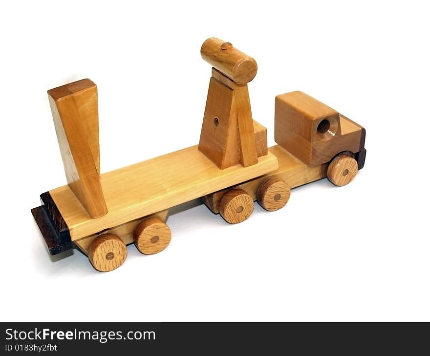 Wooden toy macktruck, rear-view, on white background. Wooden toy macktruck, rear-view, on white background.