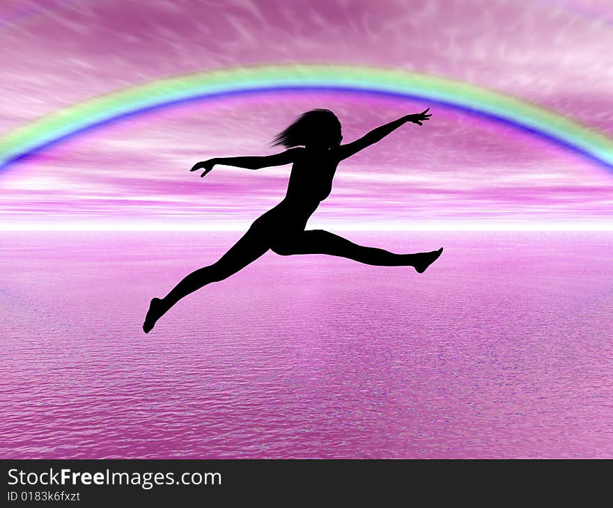 Jumping woman in the rainbow