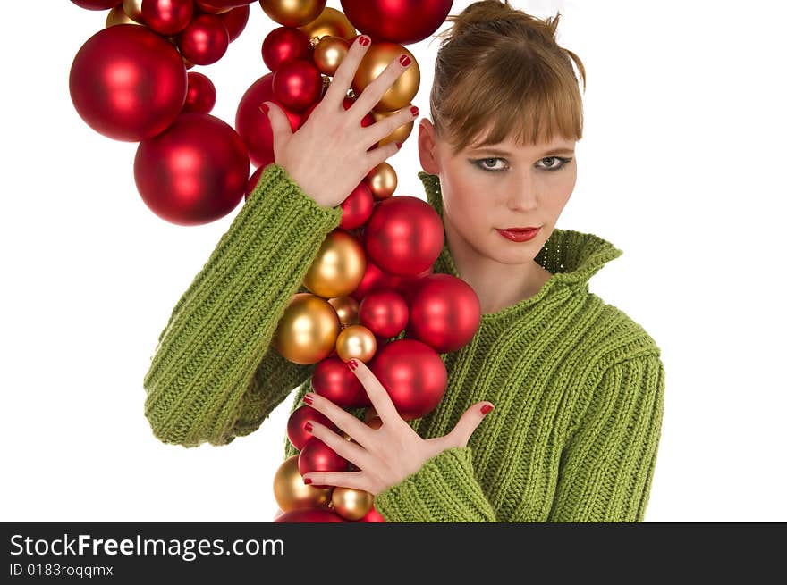 Fashion woman holding bunch of Christmas balls